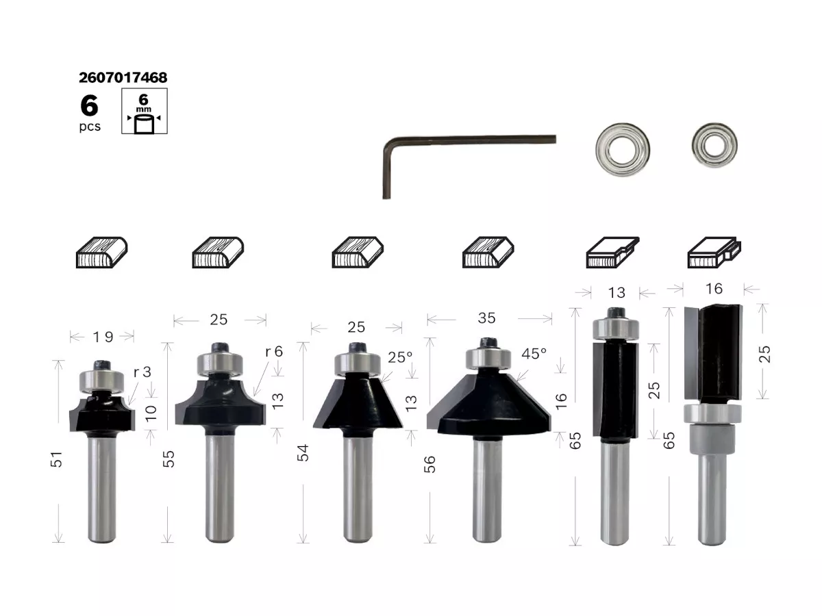 assortiment 6 fraises à chanfreiner queue Ø6mm Bosch